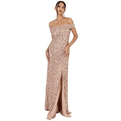 Afbeelding van Maya Deluxe Maxi jurk voor dames, met split, bardot mouwen, pailletten, avondjurk, bruiloft, gast, bruidsmeisje, gala, Taupe Blush, 40