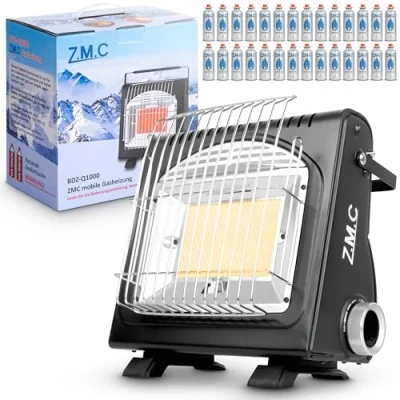 Afbeelding van Z.M.C 2 in 1 draagbare gaskachel en gasfornuis + 28 gaspatronen 227 g, campingverwarming 1,7 kW, voor binnen buiten, mobiele warmtestraler met piëzo ontsteking