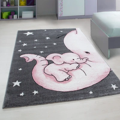 Afbeelding van Kids Olifant Vloerkleed Kinderkamer Roze / Grijs Laagpolig 160x230 cm