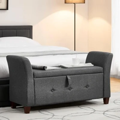 Afbeelding van Vida Designs Sevilla Opbergpoef, stoffen kist met deksel, zitting, kruk, vensterbank, borst, speelgoedopbergdoos, poef, voetenbank, donkergrijs linnen
