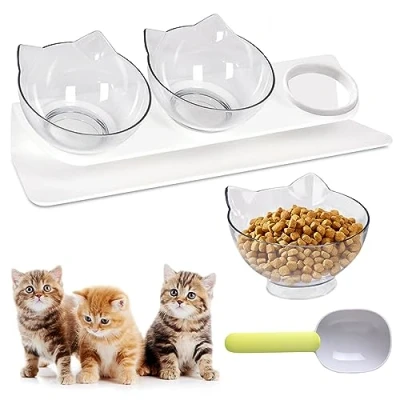 Afbeelding van Kattenvoerbak, kattenbakken, 15 graden kantelbaar, voerbak kat, verhoogde voor 3 in 1 kattenbak, hondenbak, anti braken, voederbak katten, voederstation katten