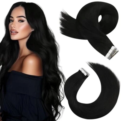 Afbeelding van Moresoo Tape in Haarextensies Menselijk Haar Natuurlijk Zwart Echt Extensies 60 cm 20 Stuks/50g #1B