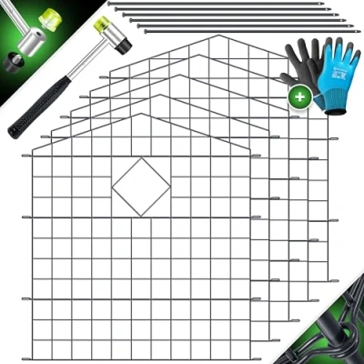 Afbeelding van KESSER® Vijverhek tuinhek steekhek complete set metaal 5 hekelementen incl. hamer 6 bevestigingsstaven, omheining om in te steken voor tuin, bocht spits gaas hek buitenren honden