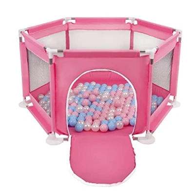 Afbeelding van Selonis Hexagon 6 Side Play Pen met 100 ballen, Roze: Babyblauw/Poeder Roze/Parel