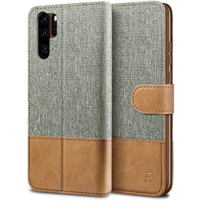Afbeelding van BEZ Huawei P30 Pro Hoesje, Hoes Book Case Leer Wallet, Flip Wallet Hoesje [Canvas Kunstleer] met Creditcardhouders, Standaard, Magnetische Sluiting, Grijs