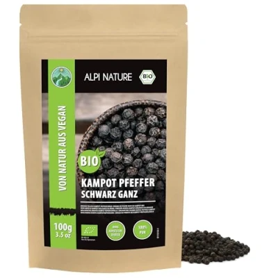 Afbeelding van BIO Kampot peper zwart (100 g), biologische zwarte kampotpeper, peperkorrels uit gecontroleerde teelt, laboratorium getest, 100% zuiver en natuurlijk