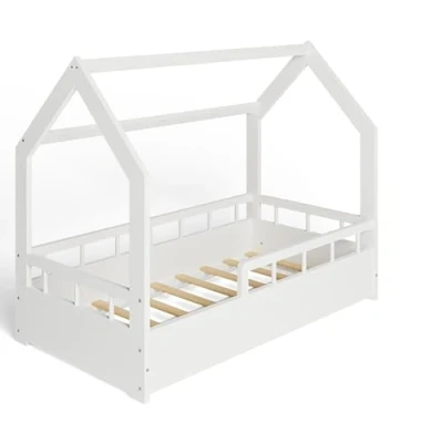 Afbeelding van MS FACTORY Huisbed 70x140 cm Kinderbed met valbeveiliging Dennenhouten bed lattenbodem Halve Barrière Wit