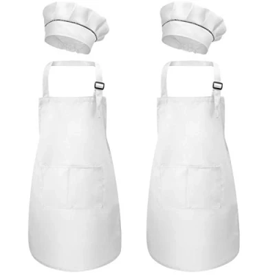 Afbeelding van Set van 2 witte kinderschort en kookmutsen, kinderkeuken tuin schorten met zakken voor jongens meisjes, kleine kinderen kookschort keukenschort koken bakken schilderen knutselen (M 3 6 jaar)