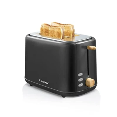Afbeelding van Bestron Broodrooster voor 2 sneden brood, incl. broodjesopzet, 7 bruiningsniveaus &amp; kruimellade, 800 Watt, ATO850BW, kleur: zwart / hout