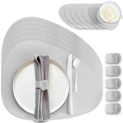 Afbeelding van MIQIO Placemat van kunstleer 18 delige tafel onderzetterset lederen placemats afwasbaar 6 placemats, glazen onderzetters, servetringen grijs steenvormig