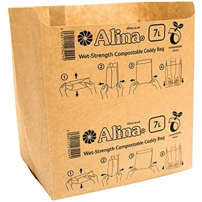 Afbeelding van 25 x Alina 6L tot 8L Composteerbare Papieren Caddy Bin Bag/Voedsel Afval Liner/Biologisch afbreekbaar Bruin 7 liter Zak (25 zakken)
