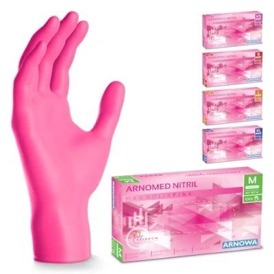 Afbeelding van ARNOMED wegwerphandschoenen roze, nitril handschoenen M, met 100 stuks per doos, poedervrij. Latexvrije rubber handschoenen, verkrijgbaar in XS, S, L &amp; XL