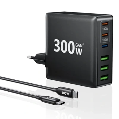 Afbeelding van HSSNS 300 W USB C oplader, 6 poorten meervoudige snellader met 3 en A, GaN PD voor MacBook iPad Pro/Air, iPhone 16 15 Pro Max, Samsung enz.