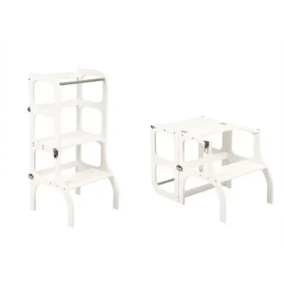 Afbeelding van Ette Tete Step &#039;n Sit Leertoren Wit met gouden clips Inklapbaar tot tafel en stoel Learning Tower Montessori inspired Keukentrap Keukenhulp Leerstoel Veilig Duurzaam