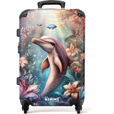 Afbeelding van NoBoringSuitcases.com® Kinderkoffer meisje Kindertrolley meisjes Dolfijn en vissen in onderwater bloemenwereld Koffer kind groot Rolkoffer lichtgewicht Reiskoffer met 4 wielen Grote trolley XL 20 kg bagage