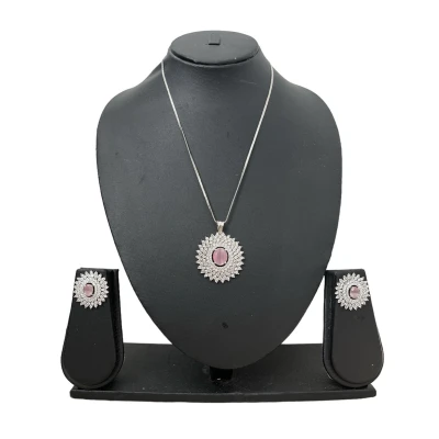 Afbeelding van N3 Collecties Synthetische diamanten sieraden set hanger ketting met Roze steen