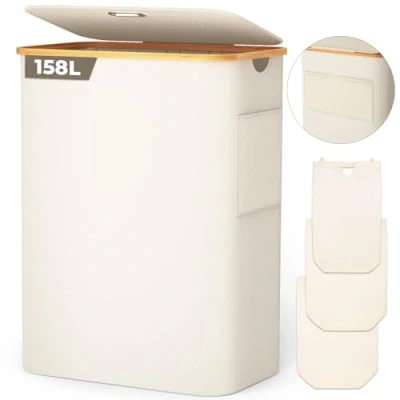 Afbeelding van OUSFOT wasmand met deksel, 3 vakken, 158 l, wasverzamelaar van 600D Oxford weefsel afneembare waszak, netvak op de achterkant, wasbox, wassorteerder, wasmand, beige