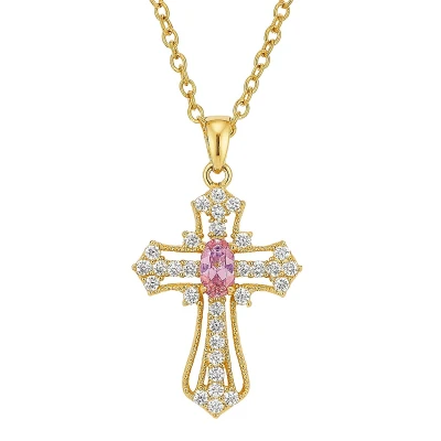 Afbeelding van Goudkleurige damesketting met kruisvormige hanger ingelegd transparante steentjes en roze ovaal accent
