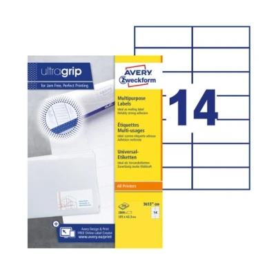 Afbeelding van Avery Zweckform 3653, Universele Etiketten, Ultragrip, Wit, 200 Vel, 14 Per 105 X 42,3 Mm Etiket