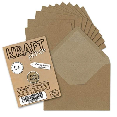 Afbeelding van FarbenFroh door Gustav Neuser enveloppen, 50 x vintage DIN B6, 125 176 mm, kraftpapier, 100 g/m², bruin, recycling, natte plakrand