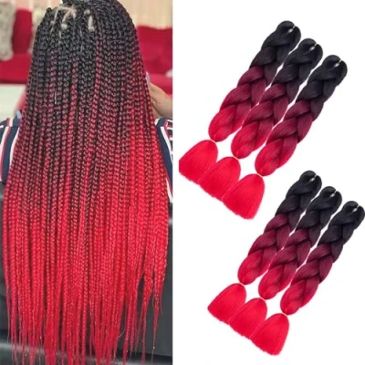 Afbeelding van 6 stuks Jumbo vlechten haarextensies, kleurrijk kunsthaar, hittebestendig, voor doe het zelvers, crochet box, vlechten, ombre bruin, 3 tinten, ombré 100 g/stuk, rood
