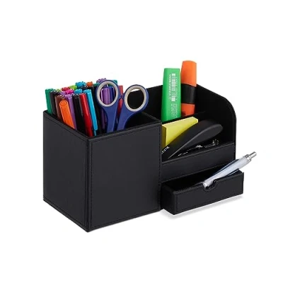 Afbeelding van Relaxdays bureau organizer, pennenbak met 3 vakken &amp; lade, H x B D: 12 22,5 11 cm, pennenhouder kunstleer, zwart