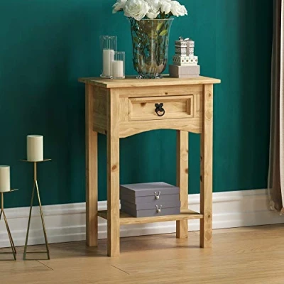 Afbeelding van Vida Designs Corona Consoletafel, 1 lade met plank, massief grenen, bruin, 53 x 35 73 cm