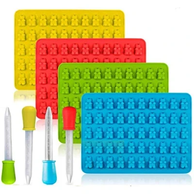 Afbeelding van Set van 4 snoepvormen en ijsblokjesbakjes, siliconen met 50 holtes voor chocolademallen, gelei, kauwgomdruppelvorm, druppelaars (18,5 x 13,5 1 cm)