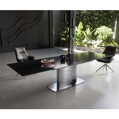 Afbeelding van Eetkamertafel Edge Glas smelten rokerig zwart 3D Relief 200 300x100 Wave RVS uitschuifbaar