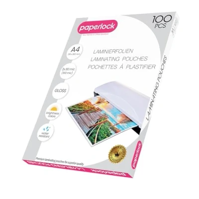 Afbeelding van Paperlock verpakking met 100 lamineerhoezen A4 80 mic, glanzende afwerking, transparant, kan variëren