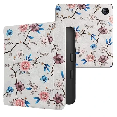 Afbeelding van kwmobile E reader hoesje geschikt voor Kobo Libra 2 hoes flip case met magnetische sluiting Ereader cover Elegante bloemen design in wit / poederroze blauw