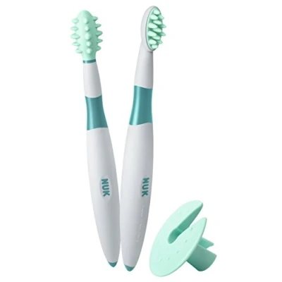 Afbeelding van NUK Baby Tandenborstel Leerset, 2 delig, poetsstift en poetstrainer incl. beschermring, optimale voorbereiding op het tandenpoetsen, BPA vrij