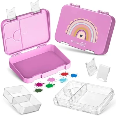Afbeelding van My Vesperbox, Len, Bento Box, lunchbox voor kinderen; met 4 + 2 compartimenten; extreem sterke broodtrommel; ideaal de kinderopvang en op school (roze, regenboog)
