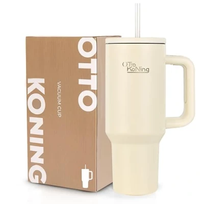 Afbeelding van Otto Koning Vacuüm Geïsoleerde Thermosfles met Rietje Duurzame RVS Tumbler van 1.2L BPA vrij, Dubbelwandige Isolatie, Comfortabele Siliconen Grip Perfect voor Werk, Reizen, Sportschool (Beige)