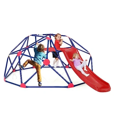 Afbeelding van COSTWAY Klimkkoepel met glijbaan, klimrek in koepelvorm stoffen platform, 180 kg belastbaarheid, outdoor en indoor speelplaats voor 3 10 jaar, ideaal gymzaal, achtertuin, tuin