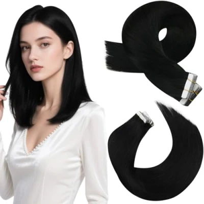 Afbeelding van Moresoo Tape Haarextensies Zwart in Menselijk Haar Extensies 35 cm Diepzwart 20 Stuks/50g #1