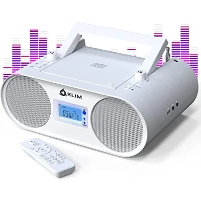 Afbeelding van KLIM Boombox B4 radio met cd speler + AM/FM radio, MP3, Bluetooth, AUX, USB speler, draagbaar draadloze modus en oplaadbare accu afstandsbediening, autoslaap, digitale EQ wit