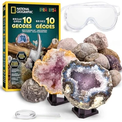 Afbeelding van NATIONAL GEOGRAPHIC 10 premium geodes om open te breken Inclusief veiligheidsbril &amp; standaards STEM wetenschapskit, geologiecadeau voor kinderen