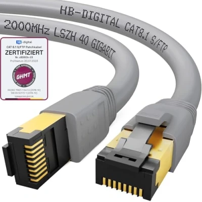 Afbeelding van hb digital 1m Patchkabel CAT 8.1 LAN Netwerkkabel S/FTP PIMF 2xRJ45 Plug Koper LSZH Halogeenvrij RoHS conform 40 Gbits Ethernet Poort 2000 MHz Internet DSL, PC, Router, Switch, Modem,TV grijs