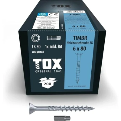 Afbeelding van TOX Houtbouwschroeven TIMBR SK 6,0 x 80 mm, blauw verzinkt met verzonken kop, TX30, schroeven voor gemakkelijk indraaien en vlakke montage in houtbouw, 200 stuks doos, incl. 1x bit, 112040416080