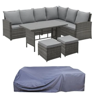 Afbeelding van SVITA Madison &amp; Monroe Polyrotan hoekbank, rotan lounge eettafel, tuinmeubelset, sofaset, hoekbank (Monroe + hoes, grijs)