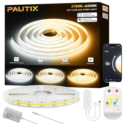 Afbeelding van PAUTIX WiFi COB ledstrip, CCT 10 m, 2700 K 6500 K, afstembaar, wit, 24 V, smart werkt met Alexa/Google Assistant en voeding voor keukenkast, kamer, tv