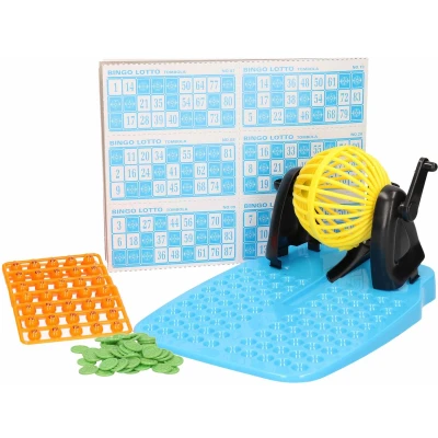 Afbeelding van Bingo spel gekleurd/geel complete set nummers 1 90 Bingospel spellen Bingomolen met bingokaarten spelen