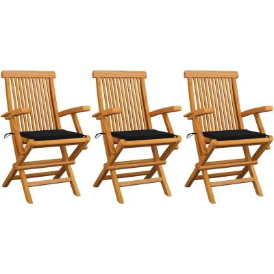 Afbeelding van Tuinstoelen 3 st met zwarte kussens massief teakhout