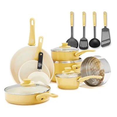 Afbeelding van GreenLife Soft Grip gezonde keramische antiaanbaklaag 16 delige pannenset met braadpan, steelpan en kookpan, PFAS vrij, vaatwasmachinebestendig, Ovenbestendig, Geel