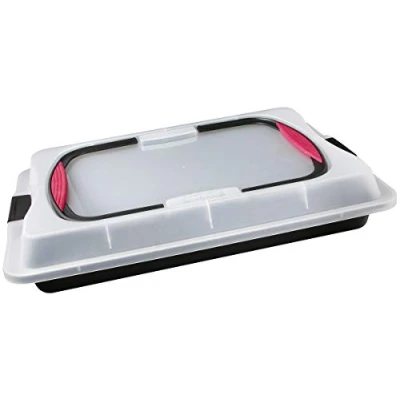 Afbeelding van Zenker cakecontainer, rechthoekige bakvorm met deksel en non stick coating bakplaat antiaanbaklaag extra hoge rand (Kleur: zwart, transparant, rood), Aantal: 1 stuk