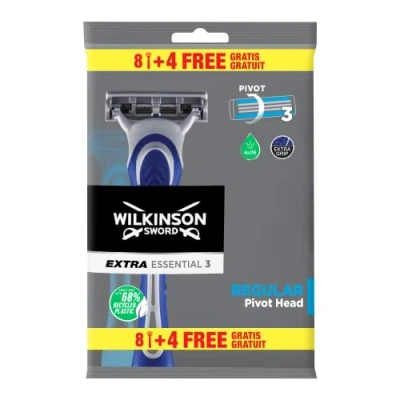 Afbeelding van Wilkinson Sword Extra 3 Essentials wegwerpscheerapparaten met messen aloë vera smeerband en roterende scheerkop voor een nauwkeurige scheerbeurt, 8 + 4 stuks