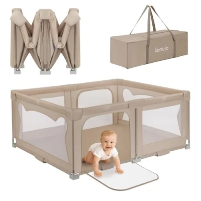 Afbeelding van LIONELO Florence Easy Fold Babybox XL 150x180 cm (0 48 Maanden), Opvouwbaar en Lichtgewicht, Snel Opzetten Zonder Gereedschap, Ademend Net 360, 2 Zij ingangen met Rits, Inclusief Draagtas, Beige