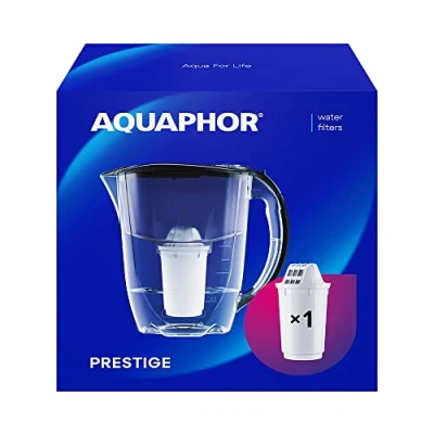 Afbeelding van AQUAPHOR Waterfilter Prestige Zwart inclusief 1 A5 Filter I Karaf voor 2,8 liter Past in de koelkastdeur Verlaagt Kalk &amp; Chloor Tafelwaterfilter Handige filterkan