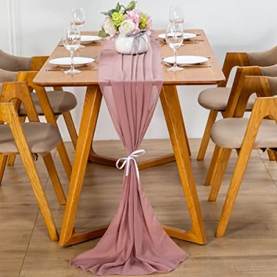 Afbeelding van YUNSHANGHE Moderne chiffon tafelloper, 70 x 600 cm, afwasbaar tafelkleed, bruiloft decoratieve tafelband van stof, tafeldecoratie voor bruiloft, verjaardag, communie (oudroze)